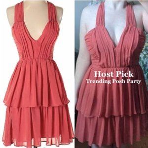 Coral Tiered Chiffon Dress w Deep V & Cross Back